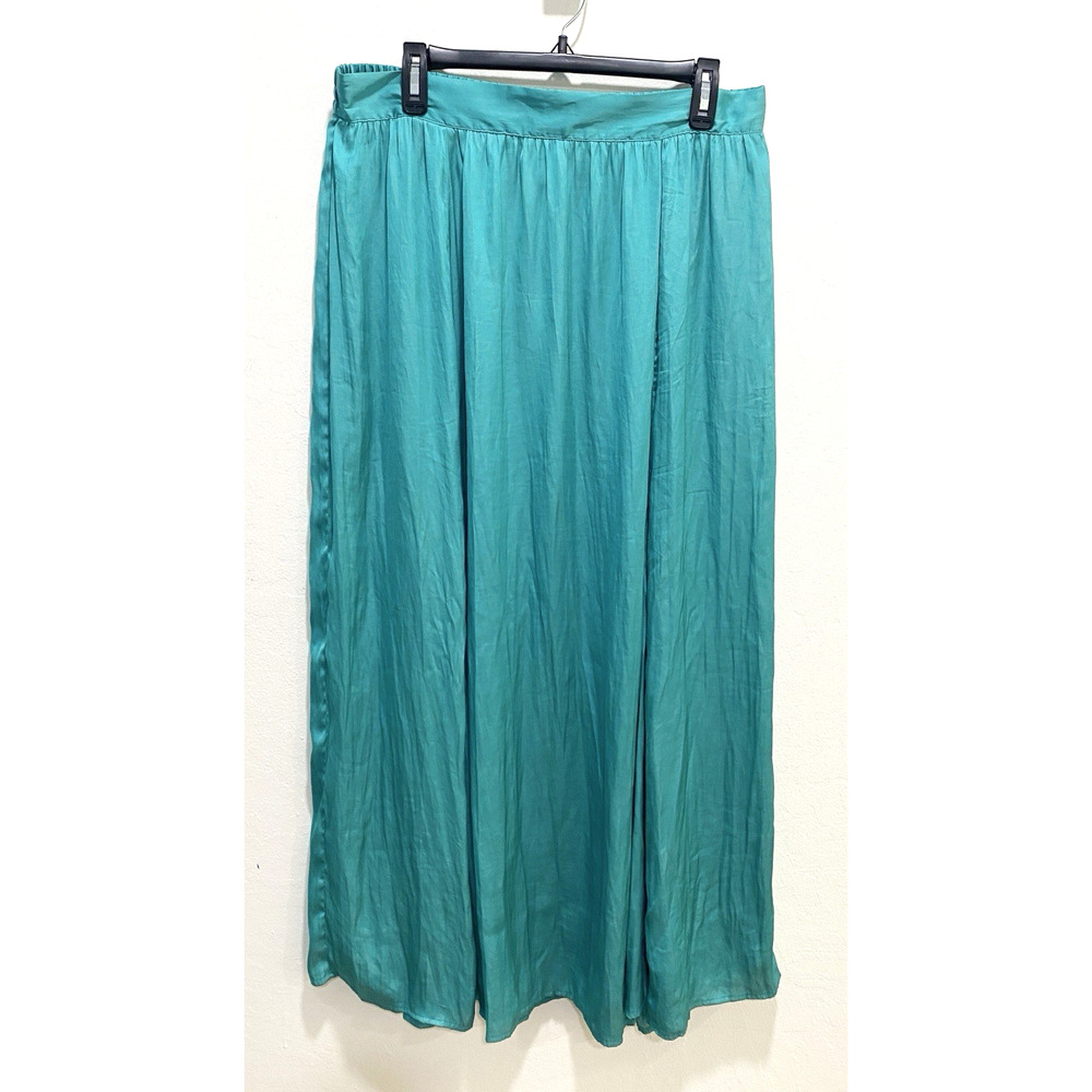 Satin Maxi Skirt Womens L Turquoise Pull On Coastal Boho Mermaid Summer Romantic